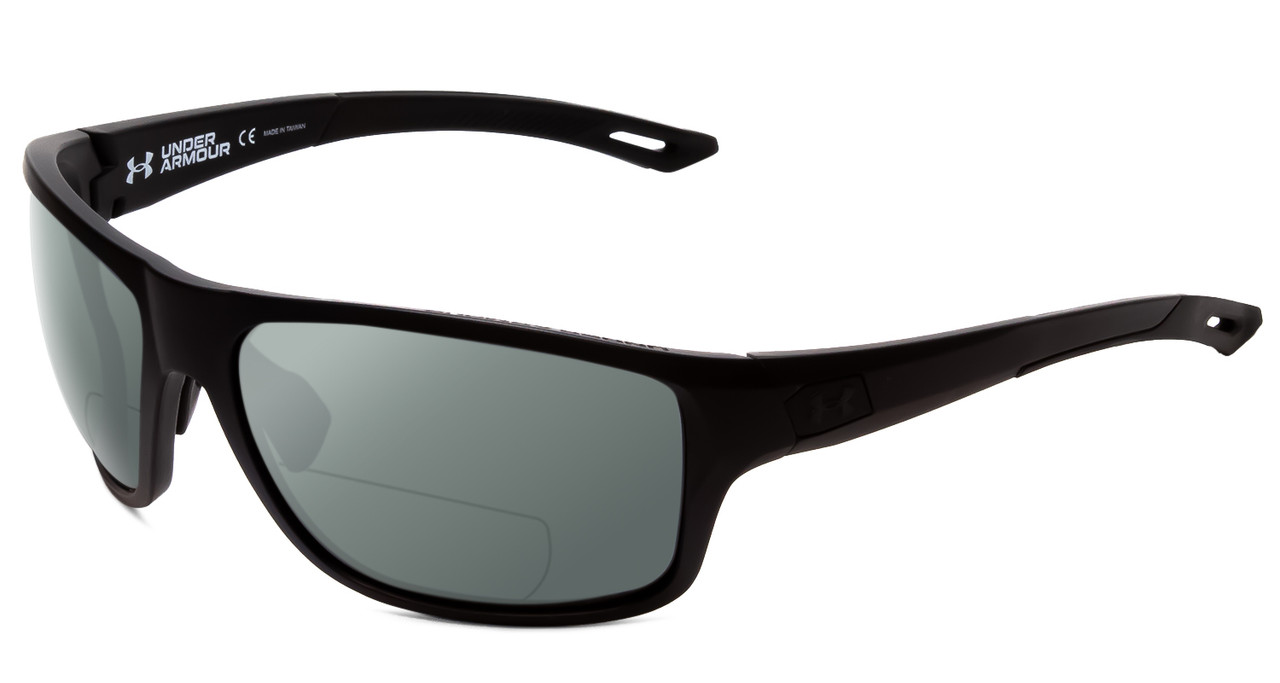 Profile View of Under Armour Battle Designer Polarized Reading Sunglasses with Custom Cut Powered Smoke Grey Lenses in Matte Black Mens Wrap Full Rim Acetate 65 mm