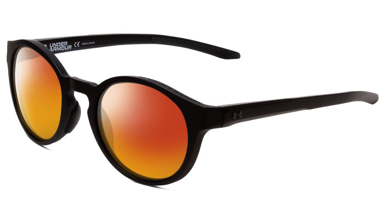 Profile View of Under Armour Infinity Designer Polarized Sunglasses with Custom Cut Red Mirror Lenses in Matte Black Unisex Round Full Rim Acetate 52 mm