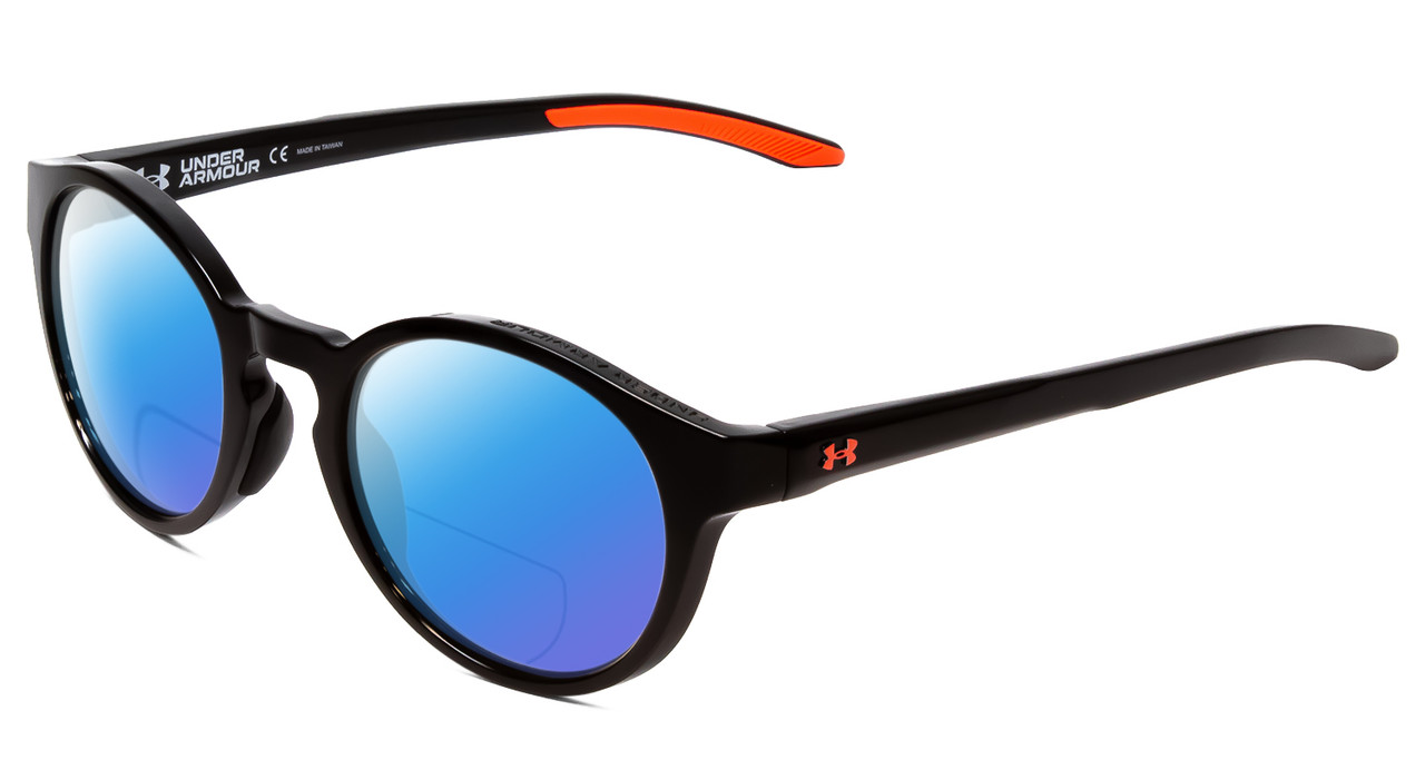 Profile View of Under Armour Infinity Designer Polarized Reading Sunglasses with Custom Cut Powered Blue Mirror Lenses in Gloss Black Coral Pink Unisex Round Full Rim Acetate 52 mm