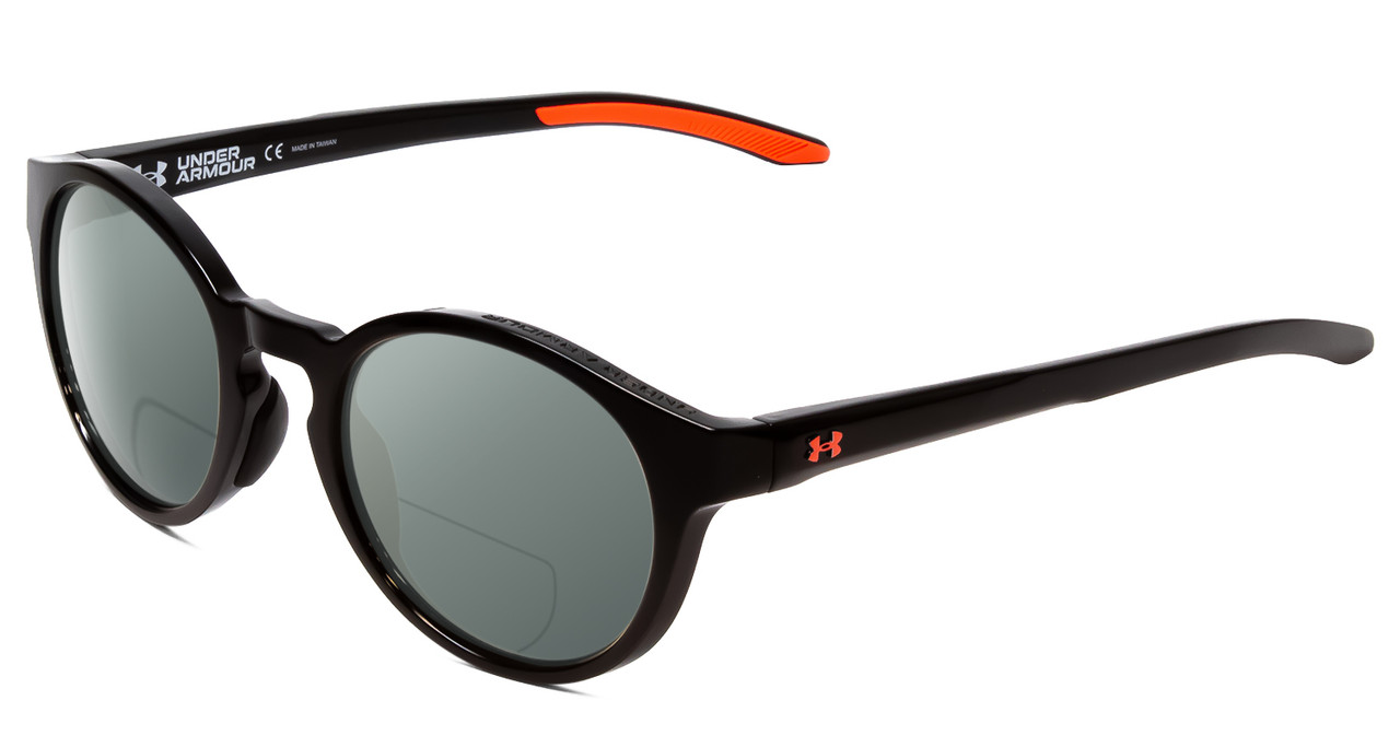 Profile View of Under Armour Infinity Designer Polarized Reading Sunglasses with Custom Cut Powered Smoke Grey Lenses in Gloss Black Coral Pink Unisex Round Full Rim Acetate 52 mm