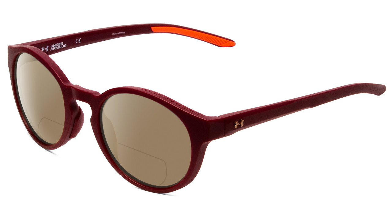 Profile View of Under Armour Infinity Designer Polarized Reading Sunglasses with Custom Cut Powered Amber Brown Lenses in Burgundy Red Unisex Round Full Rim Acetate 52 mm