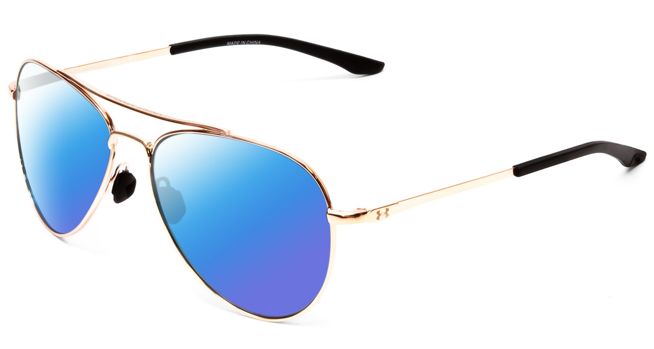 Profile View of Under Armour Instinct Designer Polarized Sunglasses with Custom Cut Blue Mirror Lenses in Rose Gold Unisex Pilot Full Rim Metal 57 mm