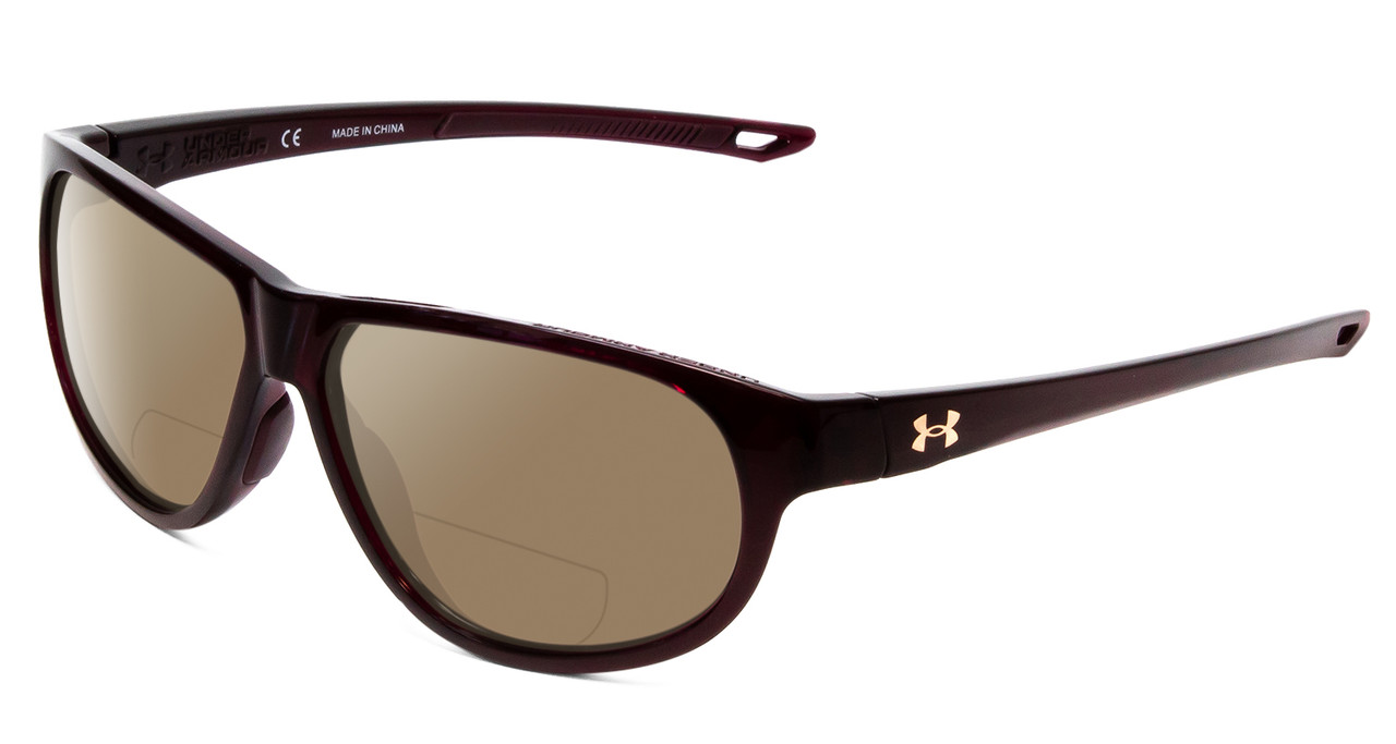 Profile View of Under Armour Intensity Designer Polarized Reading Sunglasses with Custom Cut Powered Amber Brown Lenses in Red Crystal Ladies Oval Full Rim Acetate 59 mm