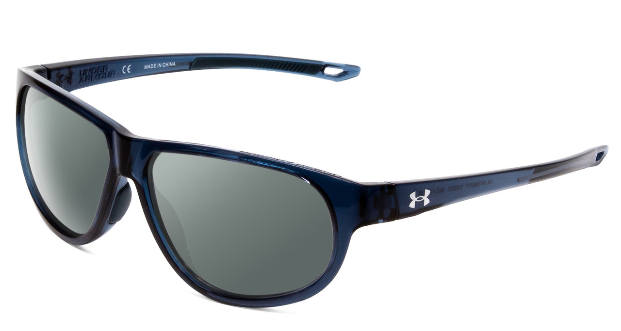 Profile View of Under Armour Intensity Designer Polarized Sunglasses with Custom Cut Smoke Grey Lenses in Matte Steel Blue Crystal Ladies Oval Full Rim Acetate 59 mm