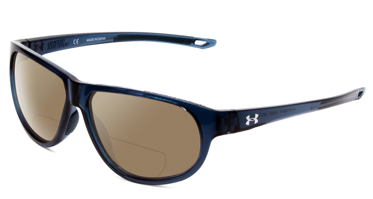 Profile View of Under Armour Intensity Designer Polarized Reading Sunglasses with Custom Cut Powered Amber Brown Lenses in Matte Steel Blue Crystal Ladies Oval Full Rim Acetate 59 mm