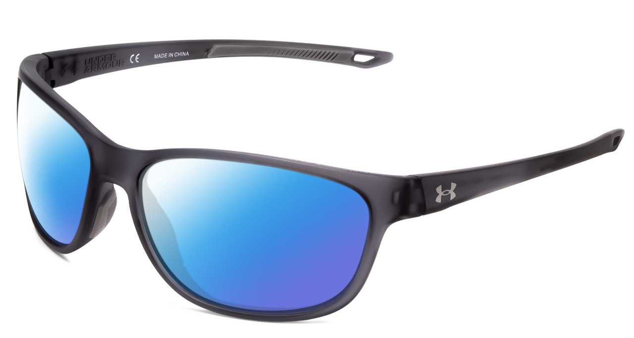 Profile View of Under Armour Undeniable Designer Polarized Sunglasses with Custom Cut Blue Mirror Lenses in Matte Crystal Grey Unisex Oval Full Rim Acetate 61 mm