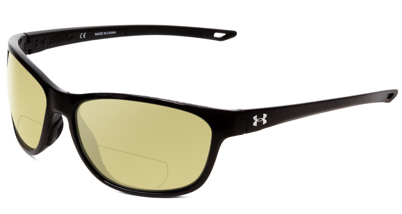 Profile View of Under Armour Undeniable Designer Polarized Reading Sunglasses with Custom Cut Powered Sun Flower Yellow Lenses in Gloss Black Unisex Oval Full Rim Acetate 61 mm