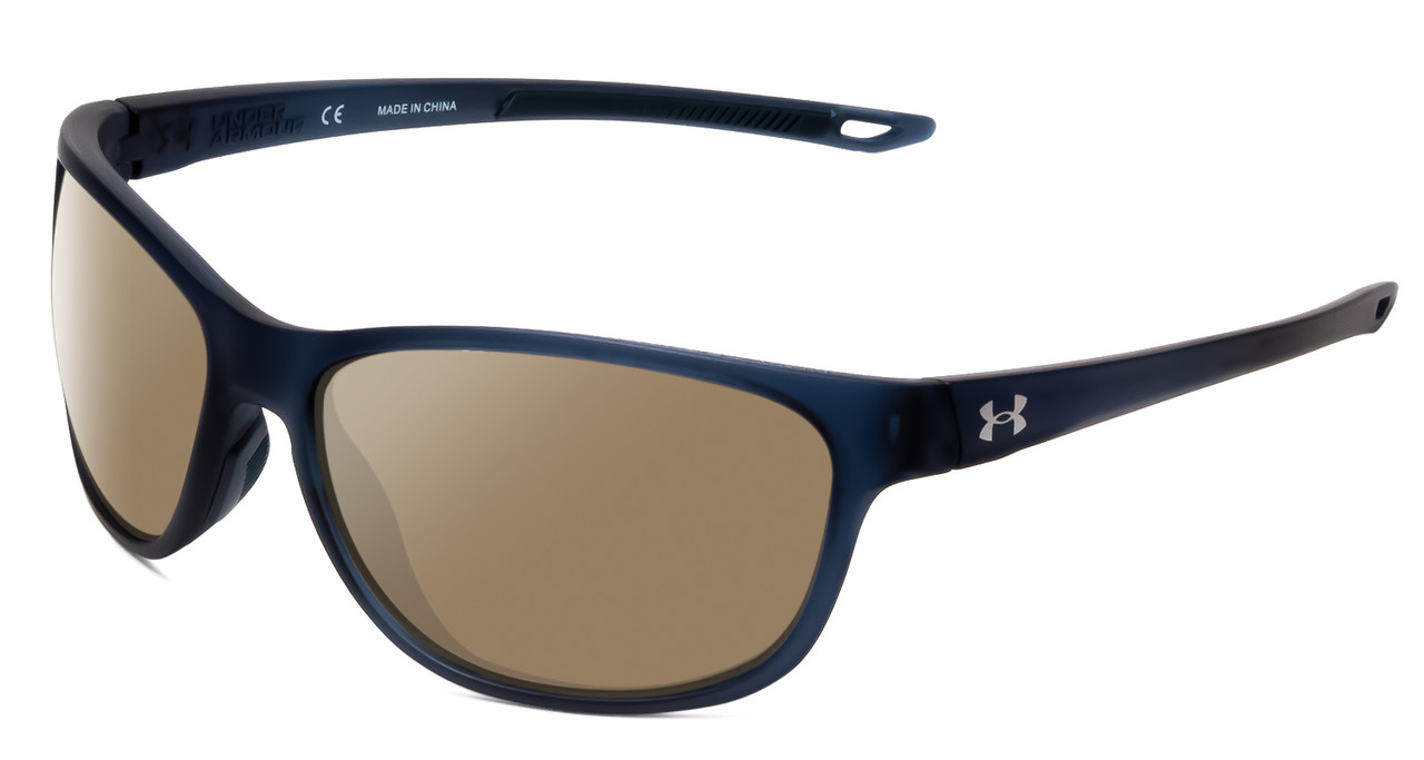 Profile View of Under Armour Undeniable Designer Polarized Sunglasses with Custom Cut Amber Brown Lenses in Matte Steel Blue Crystal Unisex Oval Full Rim Acetate 61 mm