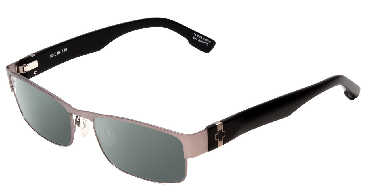 Profile View of SPY Optics Trenton Designer Polarized Sunglasses with Custom Cut Smoke Grey Lenses in Gun Metal Silver Black Unisex Rectangle Full Rim Metal 55 mm