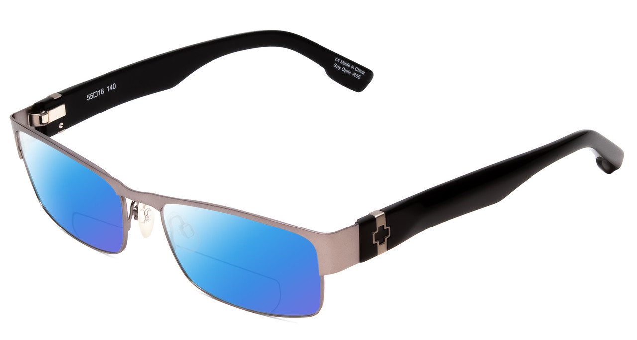 Profile View of SPY Optics Trenton Designer Polarized Reading Sunglasses with Custom Cut Powered Blue Mirror Lenses in Gun Metal Silver Black Unisex Rectangle Full Rim Metal 55 mm
