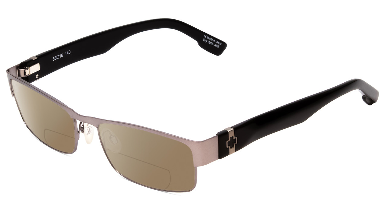 Profile View of SPY Optics Trenton Designer Polarized Reading Sunglasses with Custom Cut Powered Amber Brown Lenses in Gun Metal Silver Black Unisex Rectangle Full Rim Metal 55 mm