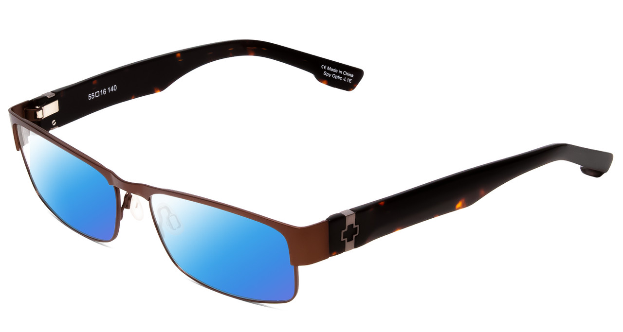 Profile View of SPY Optics Trenton Designer Polarized Sunglasses with Custom Cut Blue Mirror Lenses in Chestnut Brown Dark Tortoise Unisex Rectangle Full Rim Metal 55 mm