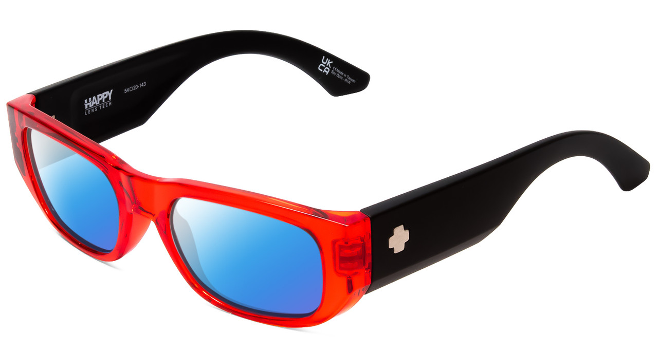 Profile View of SPY Optics Genre Designer Polarized Sunglasses with Custom Cut Blue Mirror Lenses in Crystal Red Matte Black Unisex Oval Full Rim Acetate 54 mm