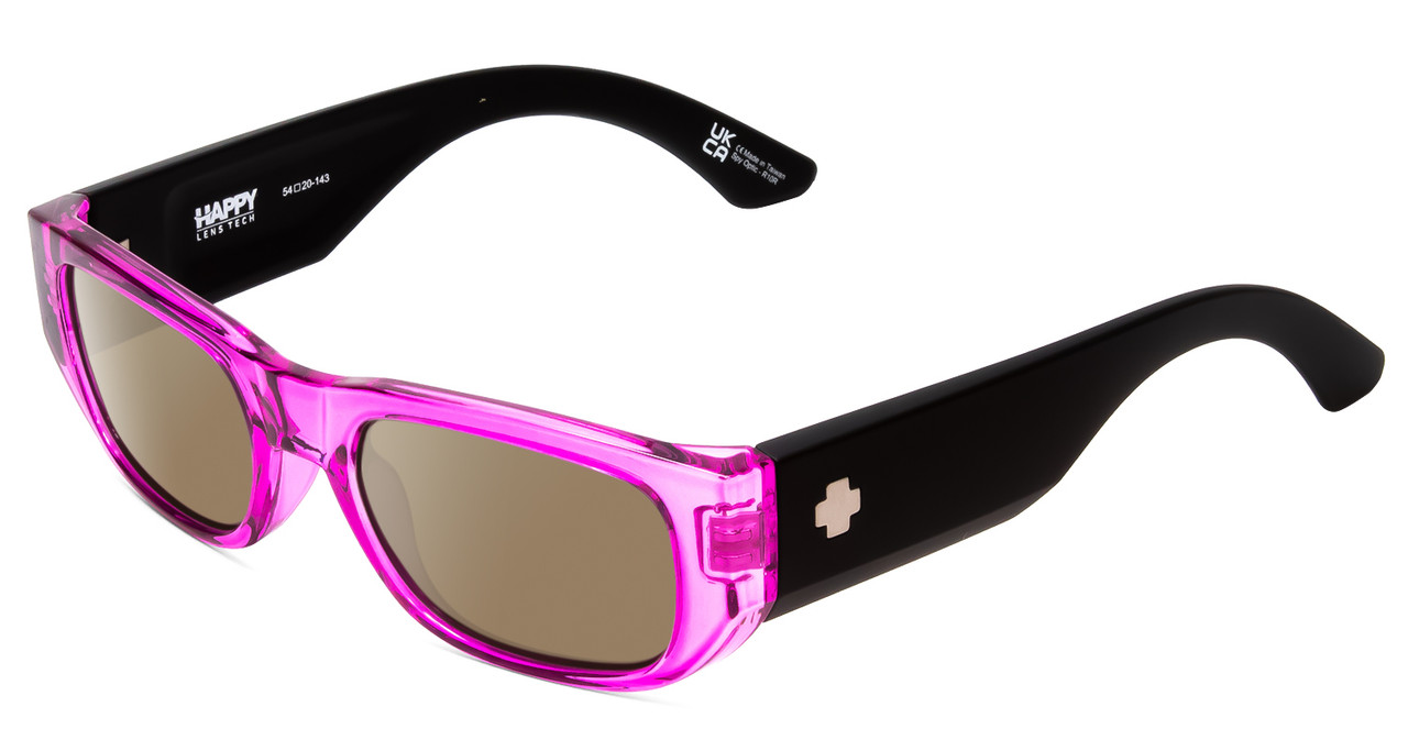 Profile View of SPY Optics Genre Designer Polarized Sunglasses with Custom Cut Amber Brown Lenses in Crystal Magenta Matte Black Unisex Oval Full Rim Acetate 54 mm
