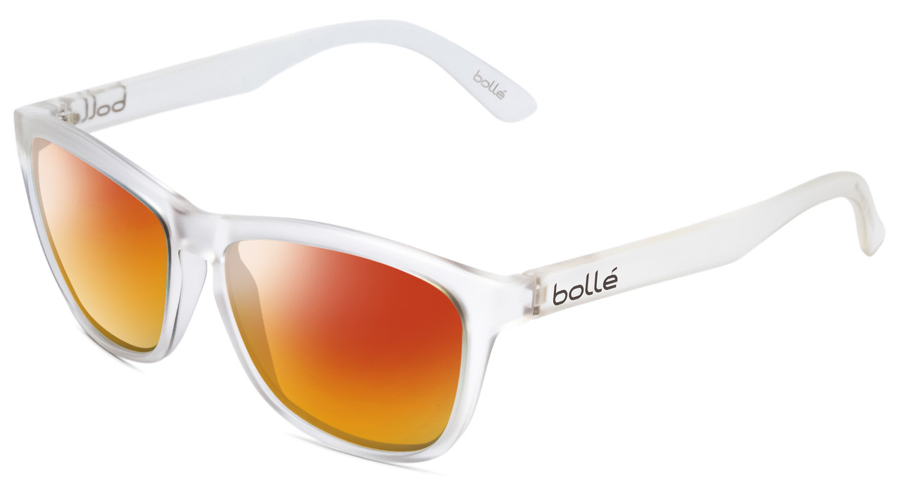 Profile View of Bolle 473 Designer Polarized Sunglasses with Custom Cut Red Mirror Lenses in Matte Crystal Clear Unisex Cateye Full Rim Acetate 57 mm