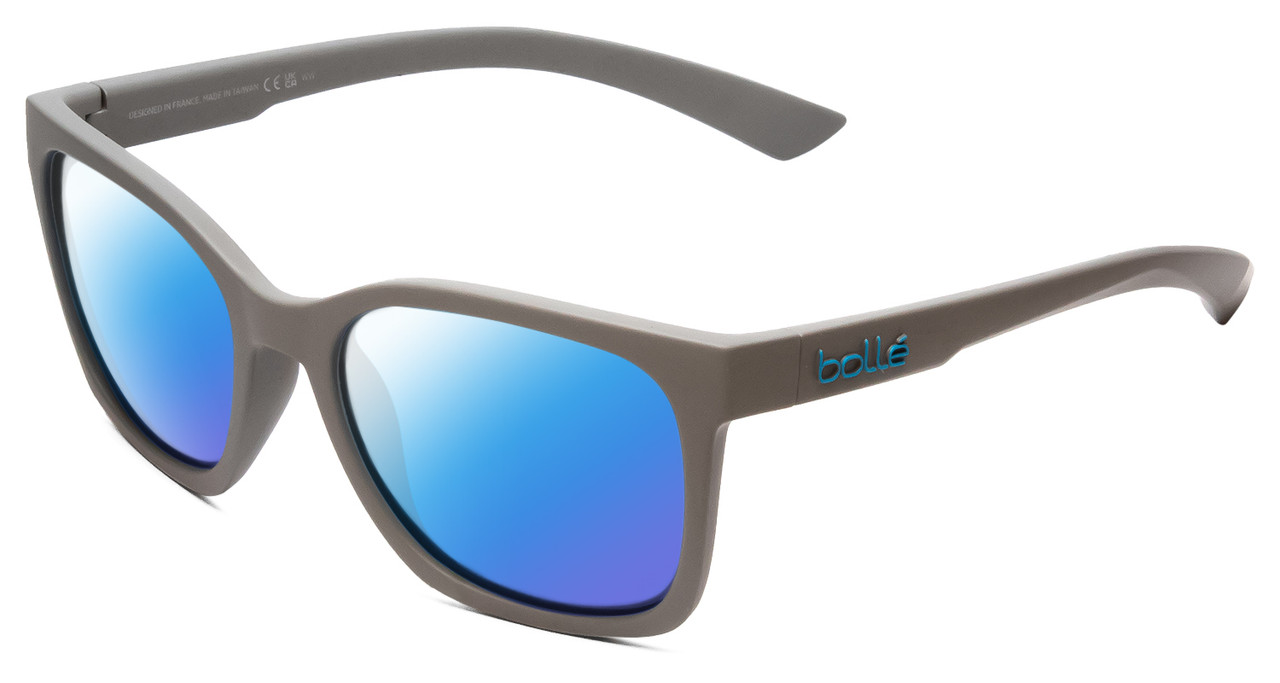 Profile View of Bolle Ada Designer Polarized Sunglasses with Custom Cut Blue Mirror Lenses in Cool Matte Grey Unisex Classic Full Rim Acetate 44 mm