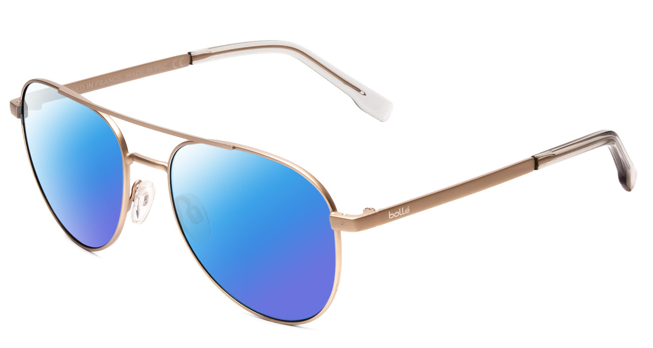 Profile View of Bolle Evel Designer Polarized Sunglasses with Custom Cut Blue Mirror Lenses in Matte Sand Brown Unisex Pilot Full Rim Metal 60 mm