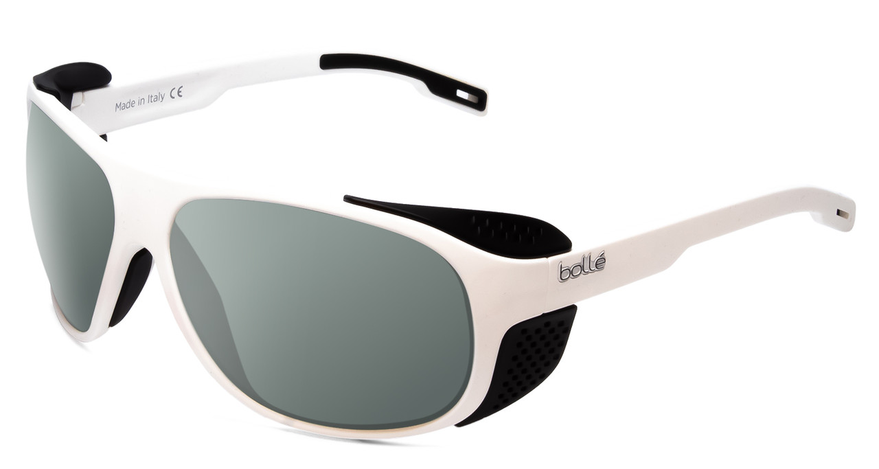 Profile View of Bolle Graphite Designer Polarized Sunglasses with Custom Cut Smoke Grey Lenses in Matte White Black Side Shield Unisex Wrap Full Rim Acetate 64 mm