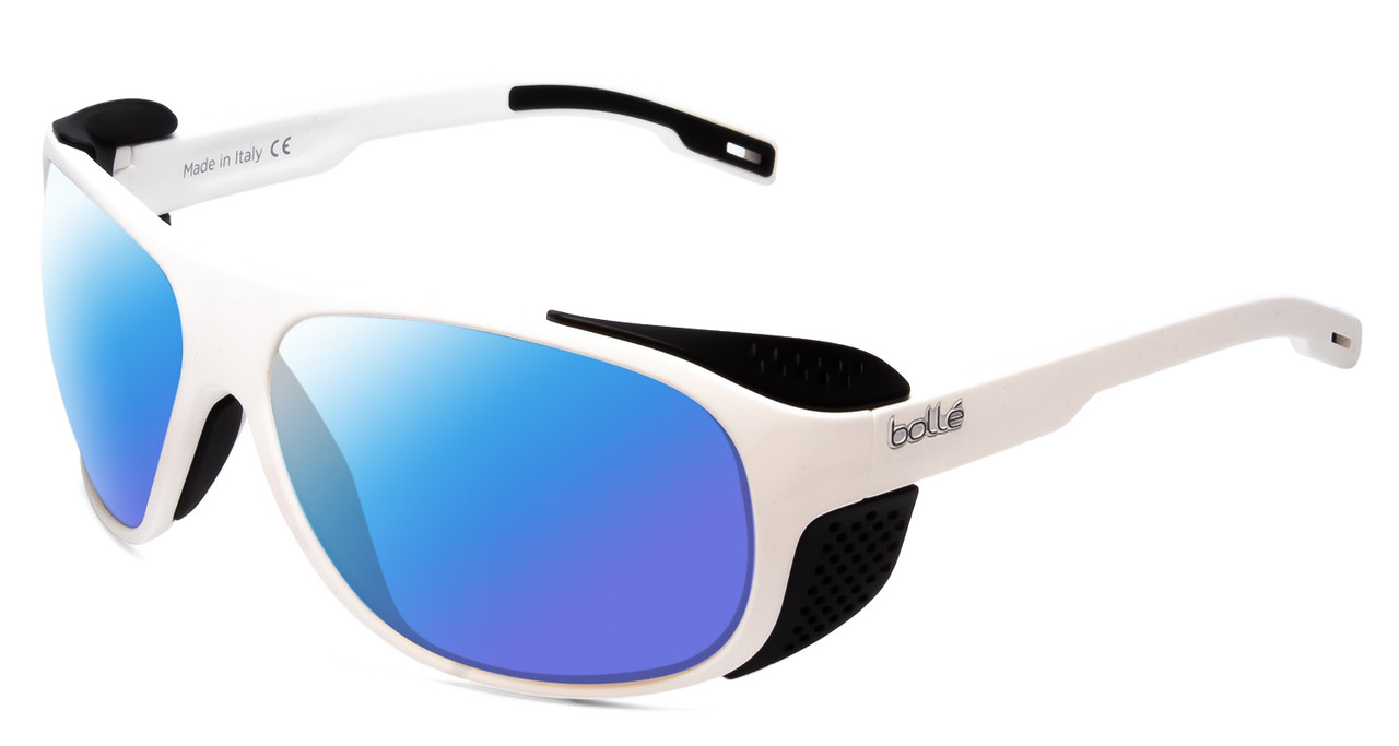 Profile View of Bolle Graphite Designer Polarized Sunglasses with Custom Cut Blue Mirror Lenses in Matte White Black Side Shield Unisex Wrap Full Rim Acetate 64 mm