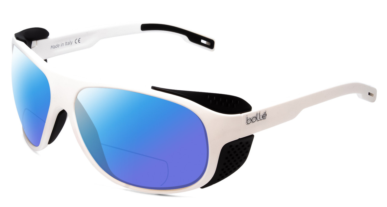 Profile View of Bolle Graphite Designer Polarized Reading Sunglasses with Custom Cut Powered Blue Mirror Lenses in Matte White Black Side Shield Unisex Wrap Full Rim Acetate 64 mm
