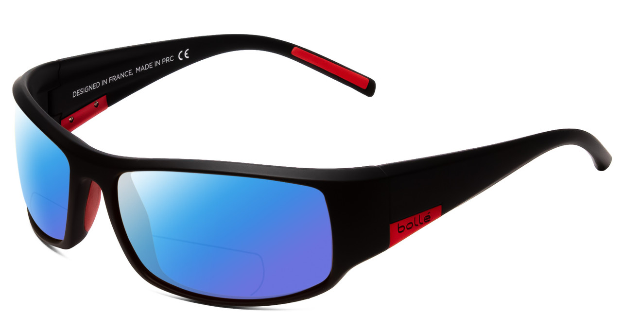 Profile View of Bolle King Designer Polarized Reading Sunglasses with Custom Cut Powered Blue Mirror Lenses in Matte Black Satin Metal Red Unisex Wrap Full Rim Acetate 64 mm