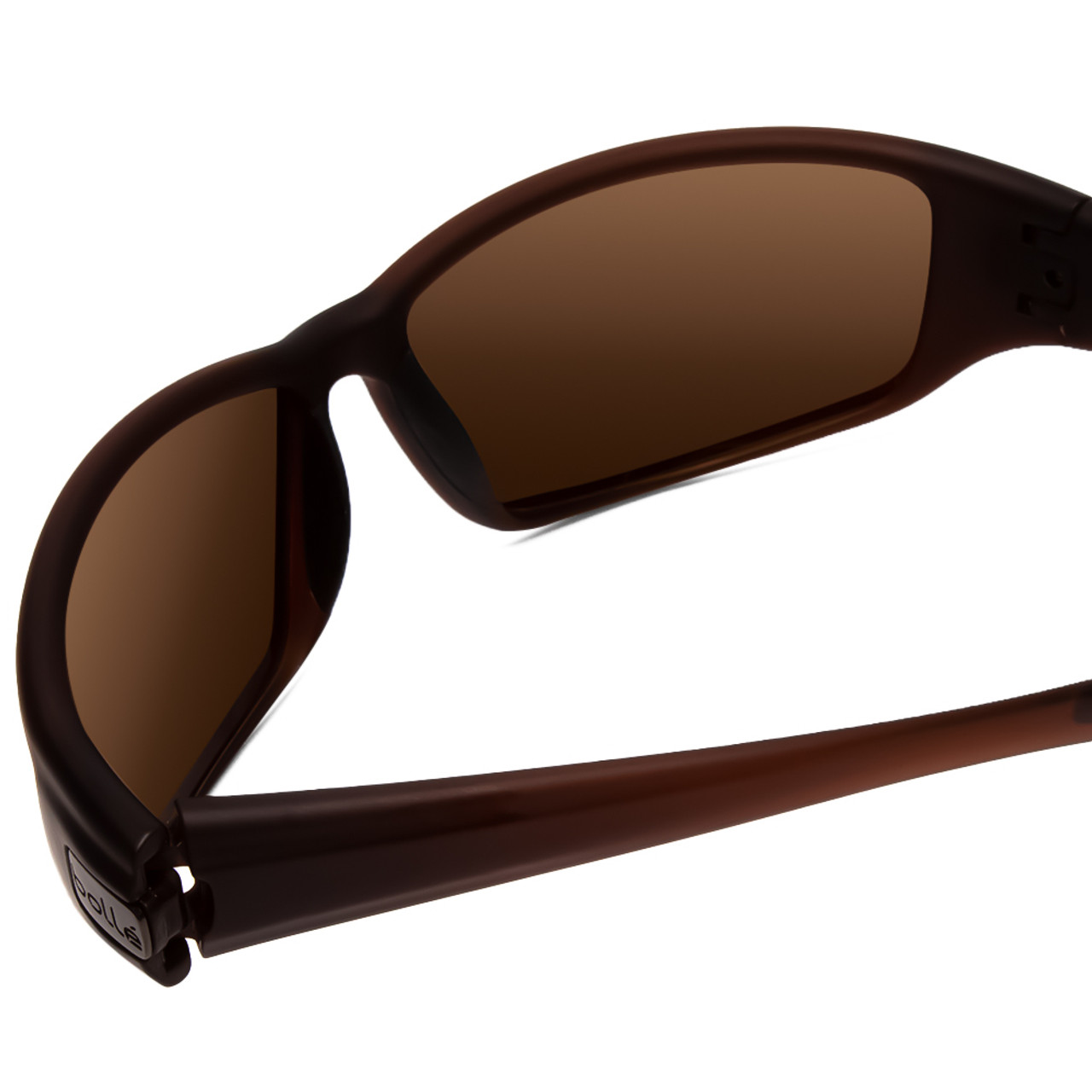 Close Up View of Bolle Python Wrap Polarized Sunglasses in Matte Transparent Chocolate/Brown 67mm