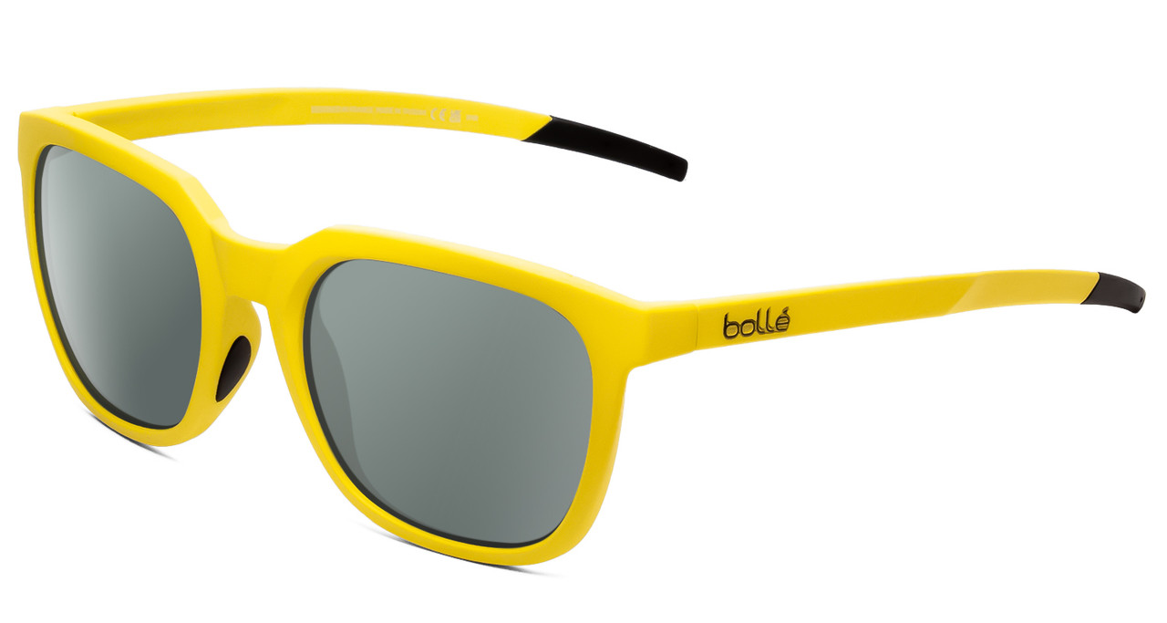 Profile View of Bolle Talent Designer Polarized Sunglasses with Custom Cut Smoke Grey Lenses in Matte Chartreuse Yellow Ladies Classic Full Rim Acetate 51 mm