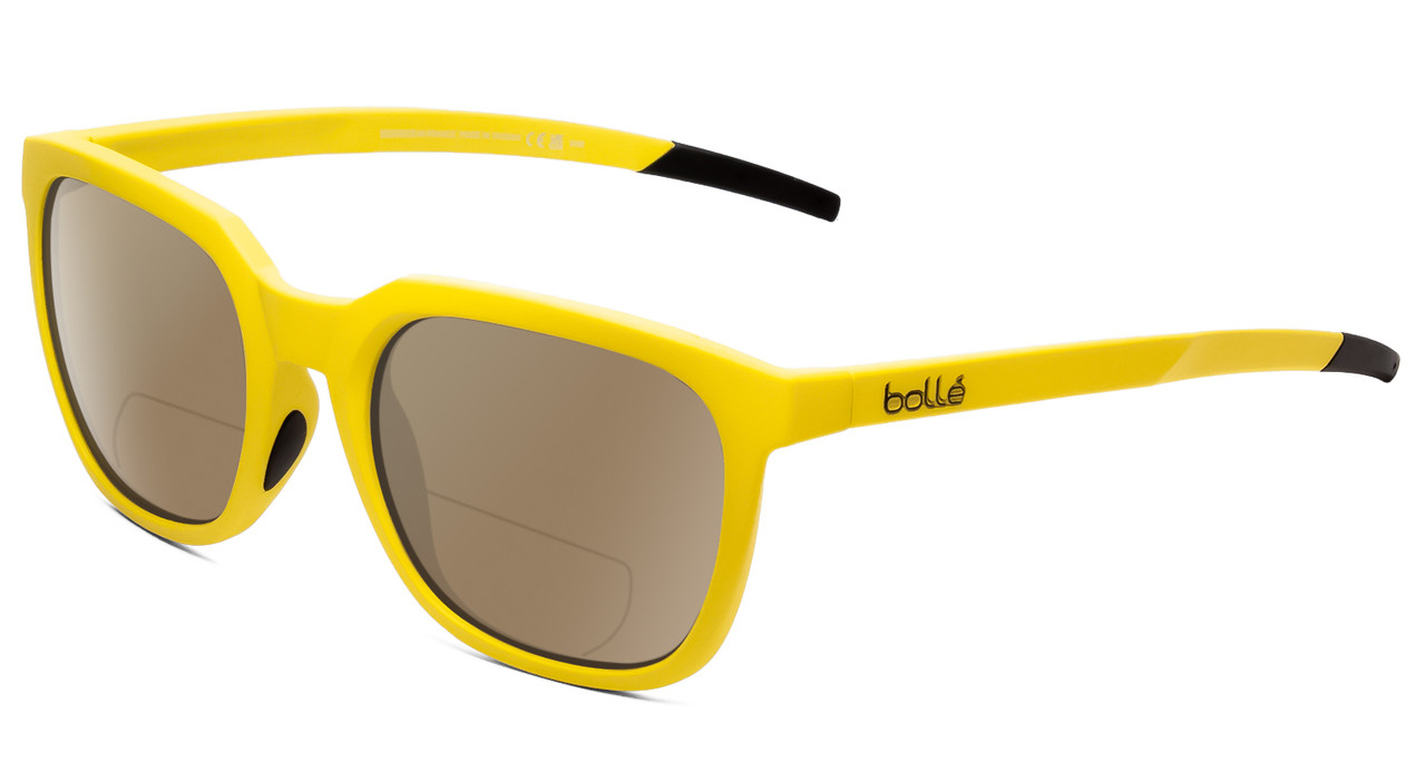 Profile View of Bolle Talent Designer Polarized Reading Sunglasses with Custom Cut Powered Amber Brown Lenses in Matte Chartreuse Yellow Ladies Classic Full Rim Acetate 51 mm