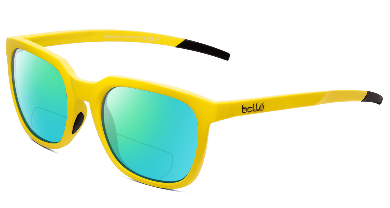 Profile View of Bolle Talent Designer Polarized Reading Sunglasses with Custom Cut Powered Green Mirror Lenses in Matte Chartreuse Yellow Ladies Classic Full Rim Acetate 51 mm