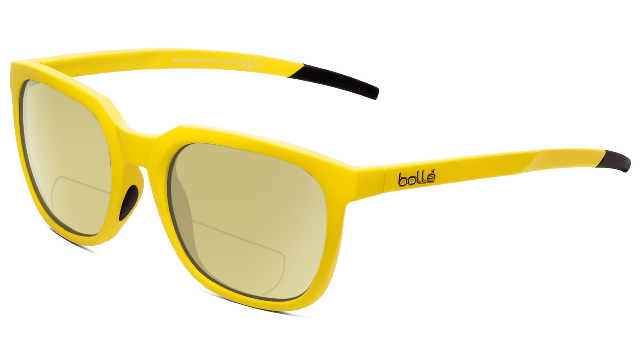 Profile View of Bolle Talent Designer Polarized Reading Sunglasses with Custom Cut Powered Sun Flower Yellow Lenses in Matte Chartreuse Yellow Ladies Classic Full Rim Acetate 51 mm