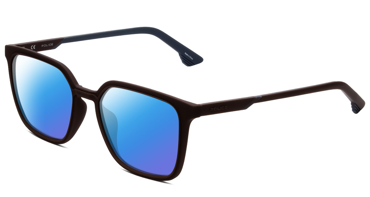 Profile View of Police SPL769 Designer Polarized Sunglasses with Custom Cut Blue Mirror Lenses in Matte Brown Blue Unisex Square Full Rim Acetate 54 mm