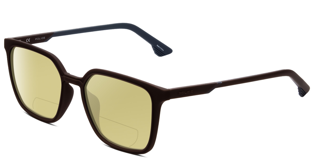 Profile View of Police SPL769 Designer Polarized Reading Sunglasses with Custom Cut Powered Sun Flower Yellow Lenses in Matte Brown Blue Unisex Square Full Rim Acetate 54 mm