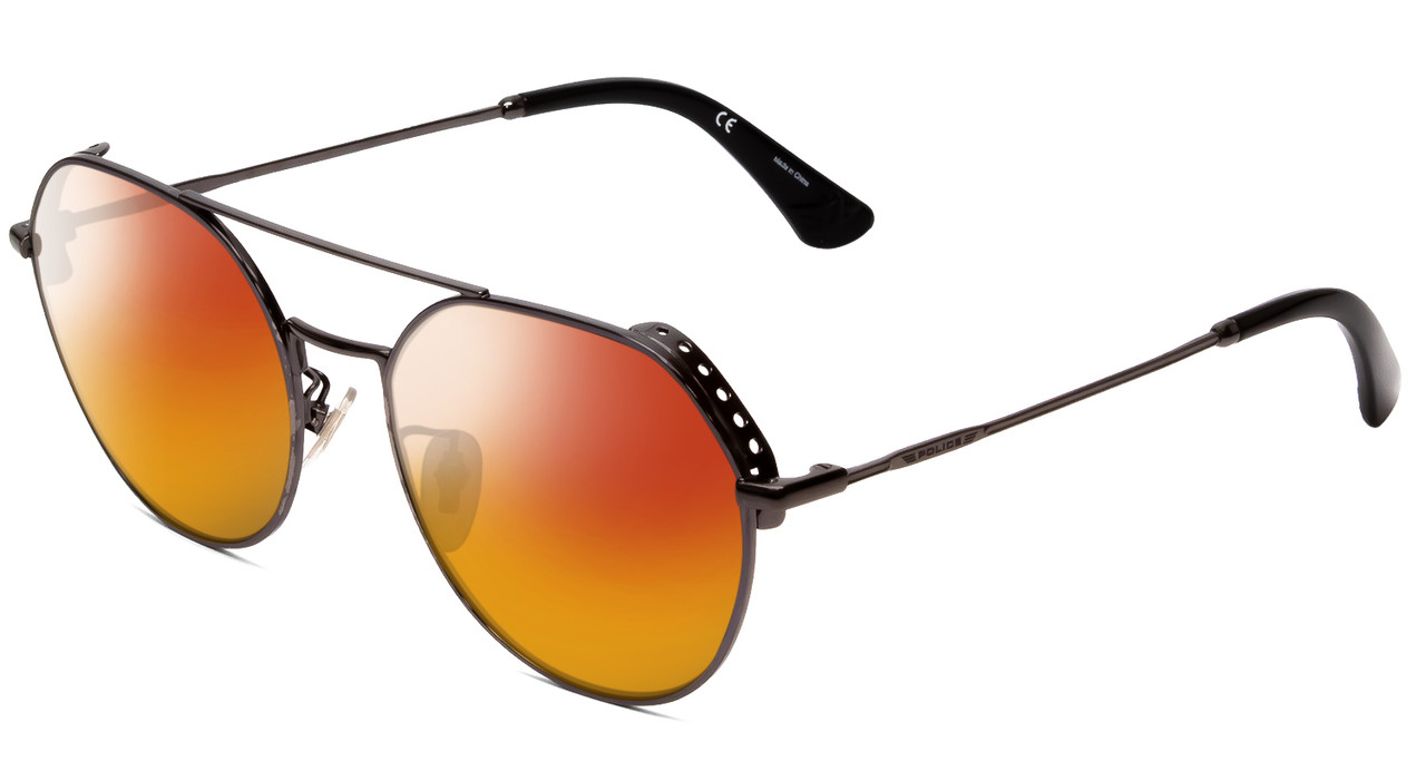 Profile View of Police SPL636N Designer Polarized Sunglasses with Custom Cut Red Mirror Lenses in Dark Gun Metal Silver Unisex Round Full Rim Metal 55 mm