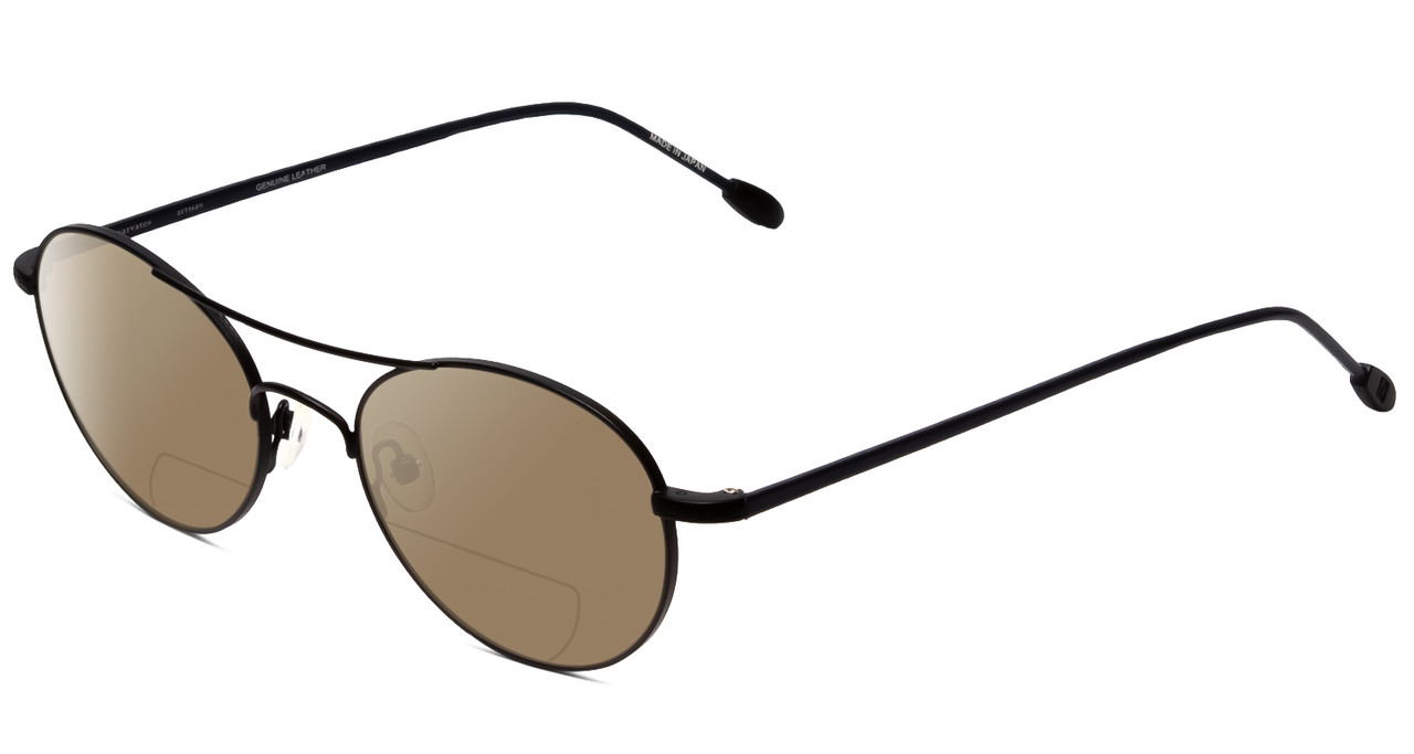 Profile View of John Varvatos V158 Designer Polarized Reading Sunglasses with Custom Cut Powered Amber Brown Lenses in Matte Black Leather Unisex Round Full Rim Metal 51 mm