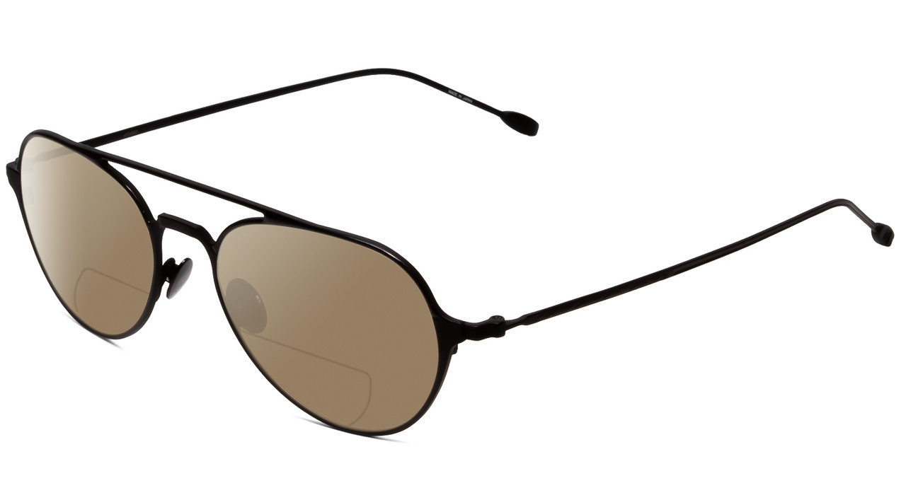 Profile View of John Varvatos V164 Designer Polarized Reading Sunglasses with Custom Cut Powered Amber Brown Lenses in Black Unisex Pilot Full Rim Metal 53 mm