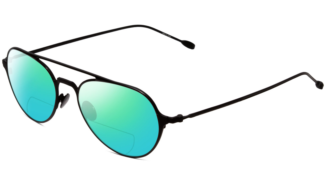 Profile View of John Varvatos V164 Designer Polarized Reading Sunglasses with Custom Cut Powered Green Mirror Lenses in Black Unisex Aviator Full Rim Metal 53 mm