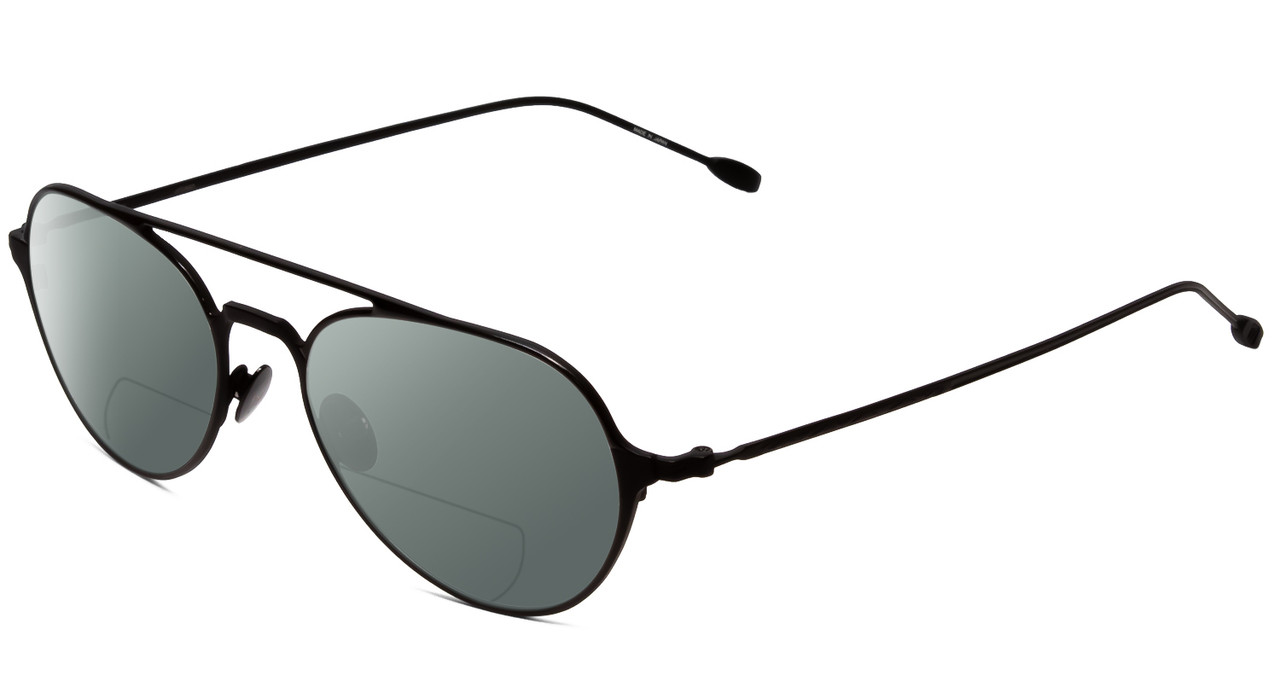 Profile View of John Varvatos V164 Designer Polarized Reading Sunglasses with Custom Cut Powered Smoke Grey Lenses in Black Unisex Pilot Full Rim Metal 53 mm