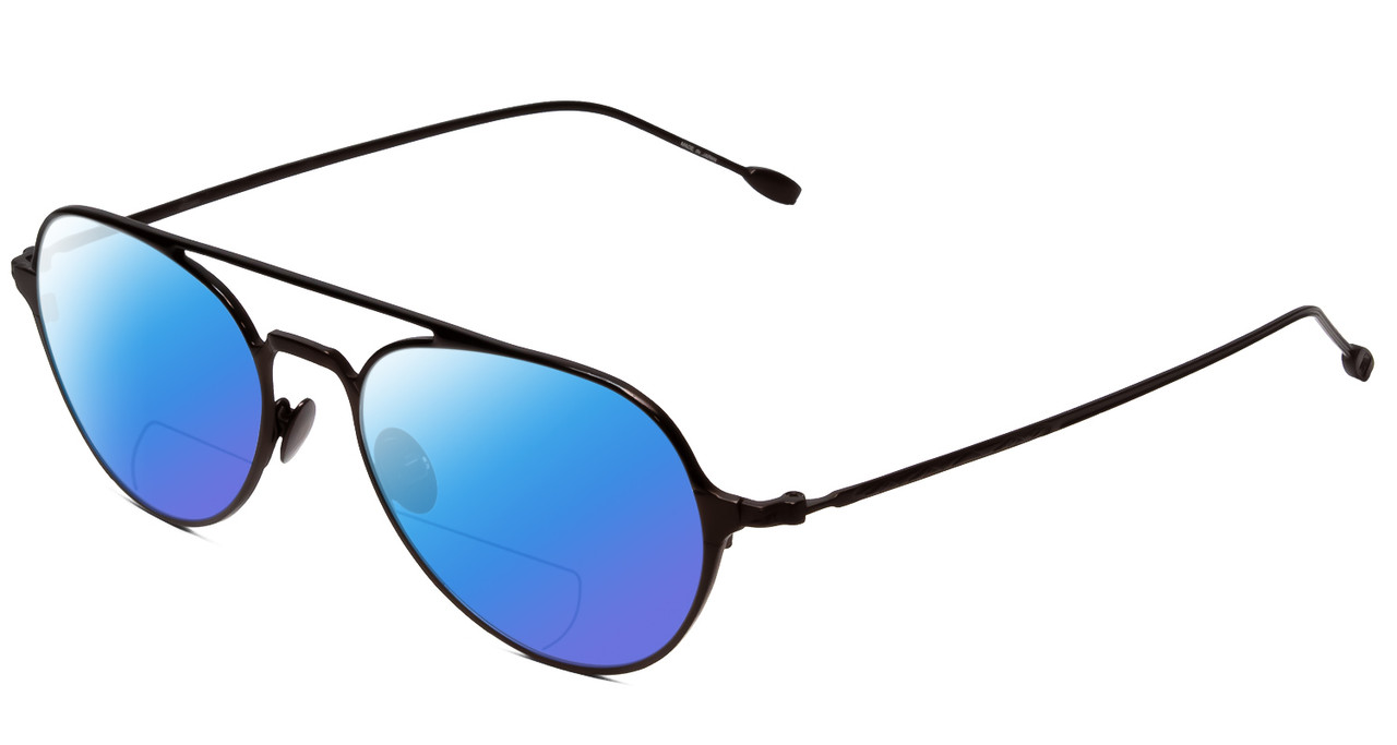 Profile View of John Varvatos V164 Designer Polarized Reading Sunglasses with Custom Cut Powered Blue Mirror Lenses in Brown Unisex Pilot Full Rim Metal 53 mm