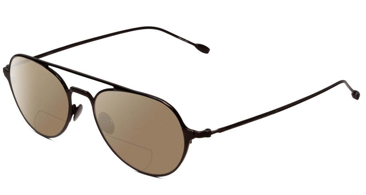 Profile View of John Varvatos V164 Designer Polarized Reading Sunglasses with Custom Cut Powered Amber Brown Lenses in Brown Unisex Pilot Full Rim Metal 53 mm