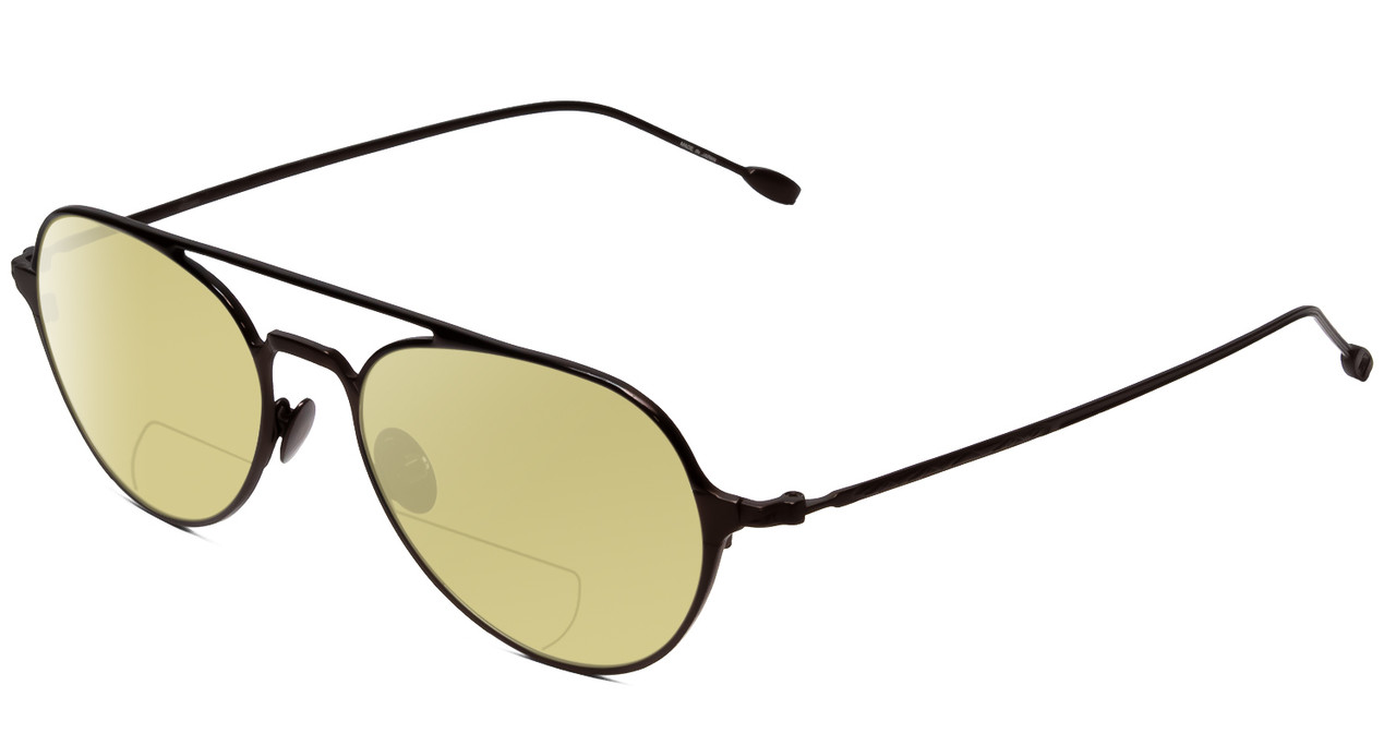 Profile View of John Varvatos V164 Designer Polarized Reading Sunglasses with Custom Cut Powered Sun Flower Yellow Lenses in Brown Unisex Pilot Full Rim Metal 53 mm
