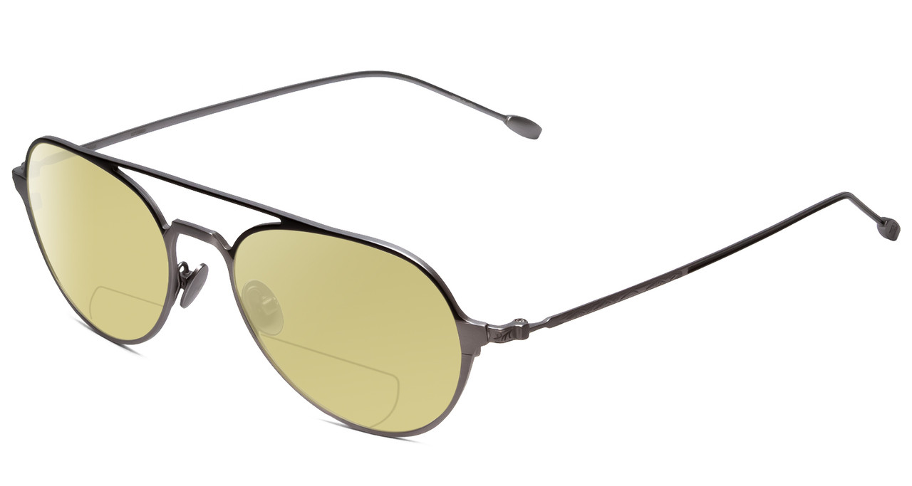 Profile View of John Varvatos V164 Designer Polarized Reading Sunglasses with Custom Cut Powered Sun Flower Yellow Lenses in Gun Metal Silver Unisex Pilot Full Rim Metal 53 mm