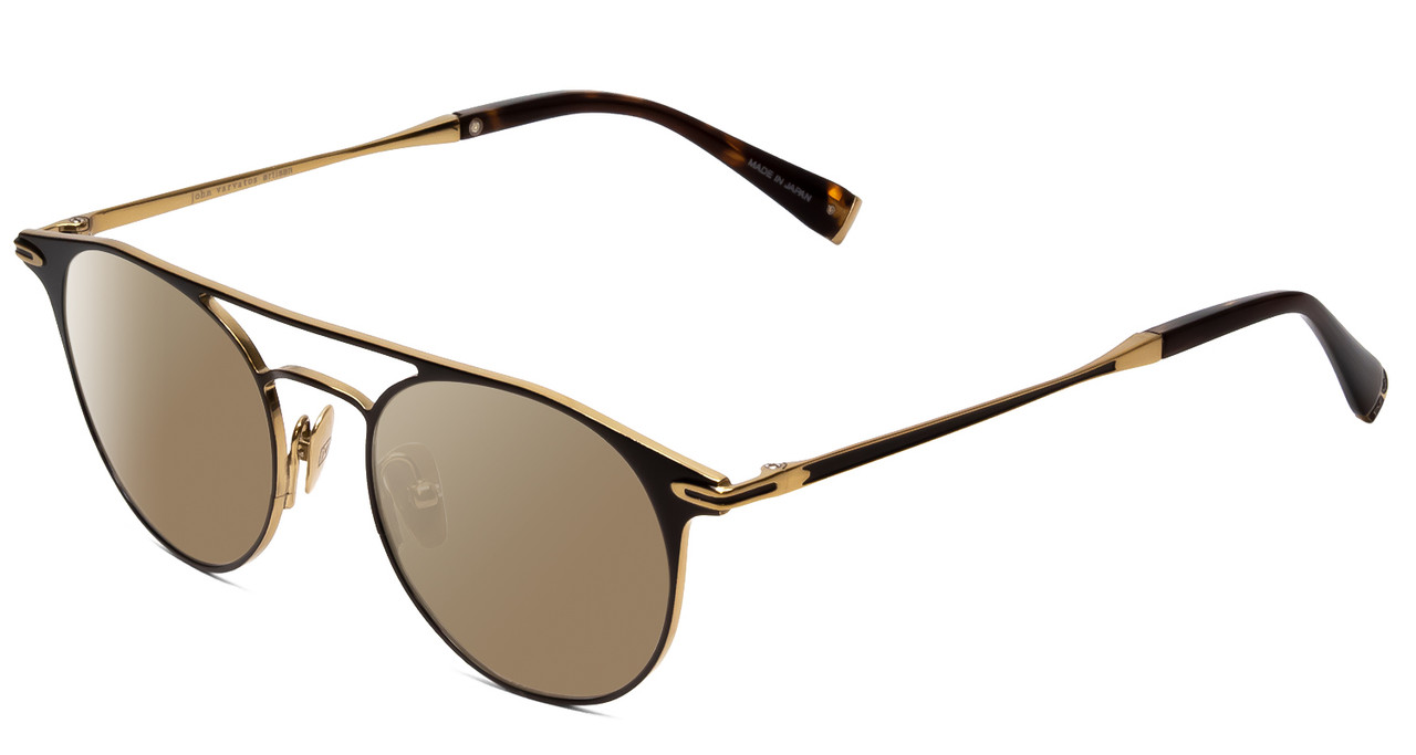 Profile View of John Varvatos V169 Designer Polarized Sunglasses with Custom Cut Amber Brown Lenses in Black Gold Tortoise Ladies Round Full Rim Metal 49 mm