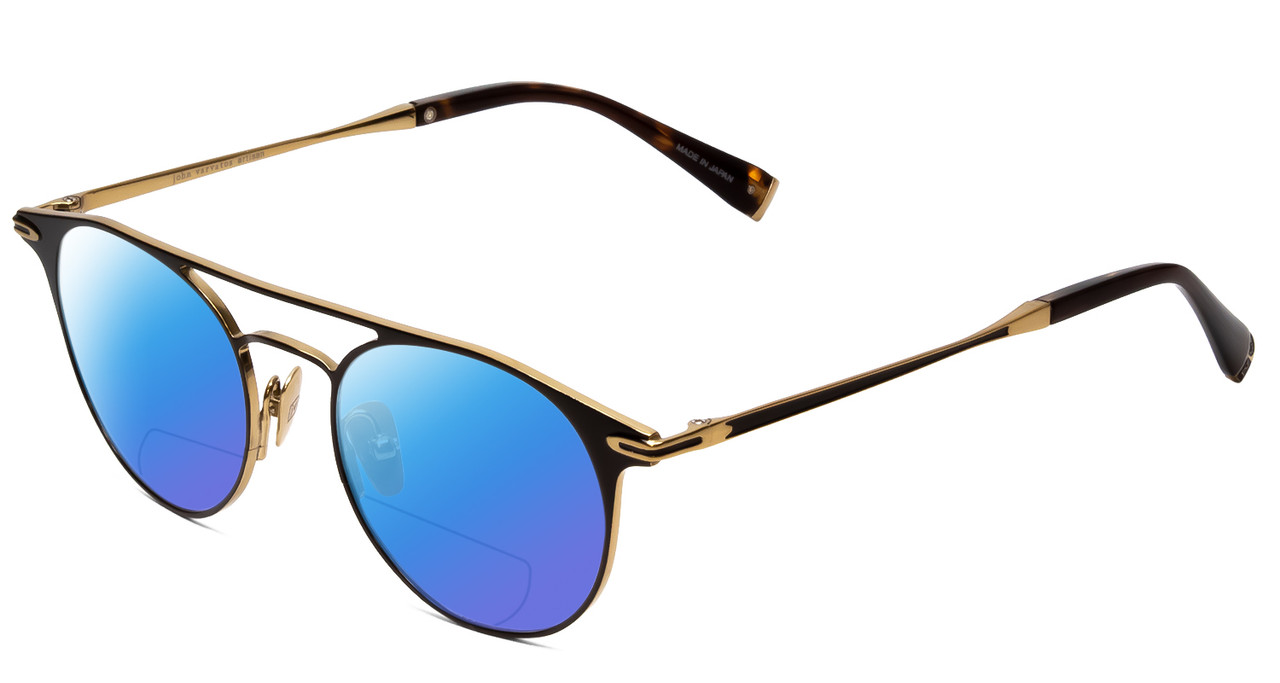 Profile View of John Varvatos V169 Designer Polarized Reading Sunglasses with Custom Cut Powered Blue Mirror Lenses in Black Gold Tortoise Ladies Round Full Rim Metal 49 mm