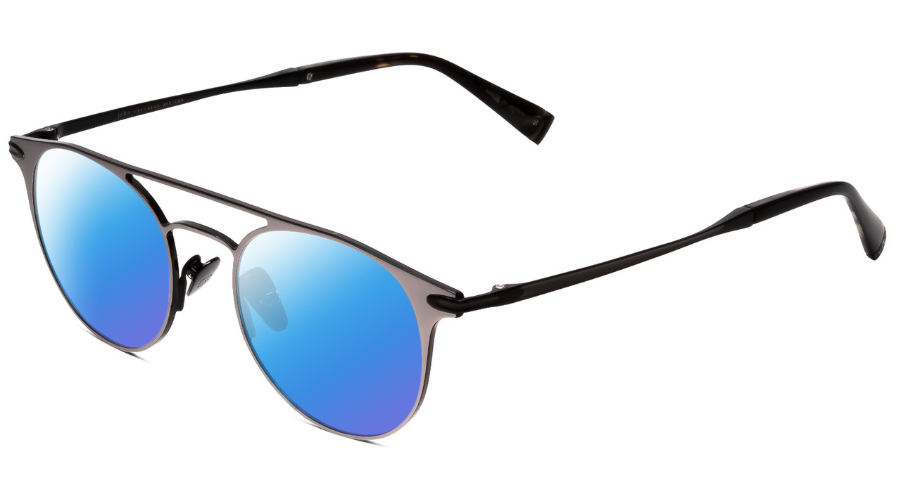 Profile View of John Varvatos V169 Designer Polarized Sunglasses with Custom Cut Blue Mirror Lenses in Gun Metal Silver Black Ladies Round Full Rim Metal 49 mm