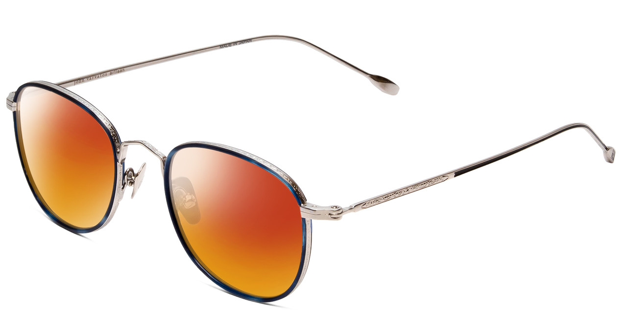 Profile View of John Varvatos V178 Designer Polarized Sunglasses with Custom Cut Red Mirror Lenses in Satin Blue Silver Unisex Round Full Rim Metal 49 mm