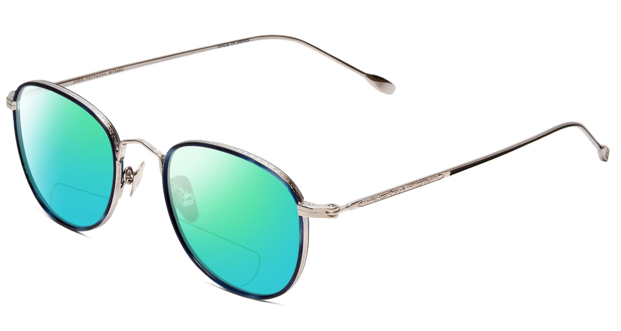 Profile View of John Varvatos V178 Designer Polarized Reading Sunglasses with Custom Cut Powered Green Mirror Lenses in Satin Blue Silver Unisex Round Full Rim Metal 49 mm