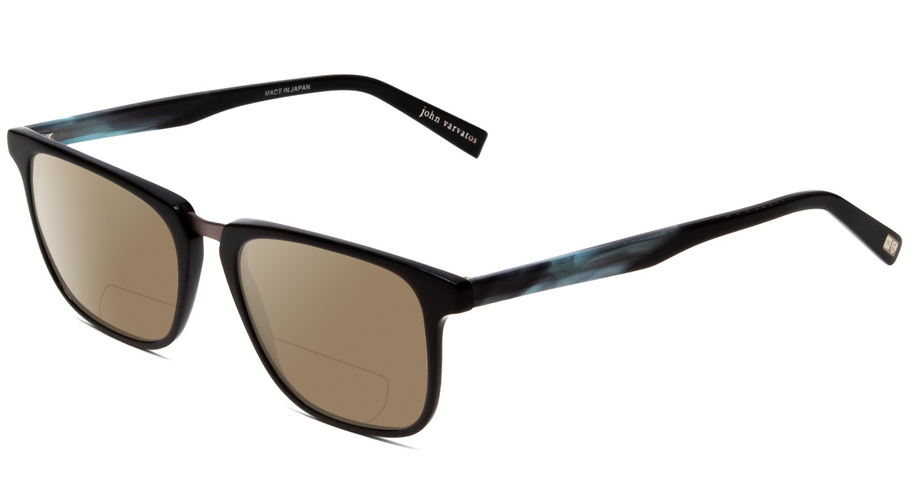 Profile View of John Varvatos V373 Designer Polarized Reading Sunglasses with Custom Cut Powered Amber Brown Lenses in Black Marble Blue Unisex Square Full Rim Acetate 54 mm