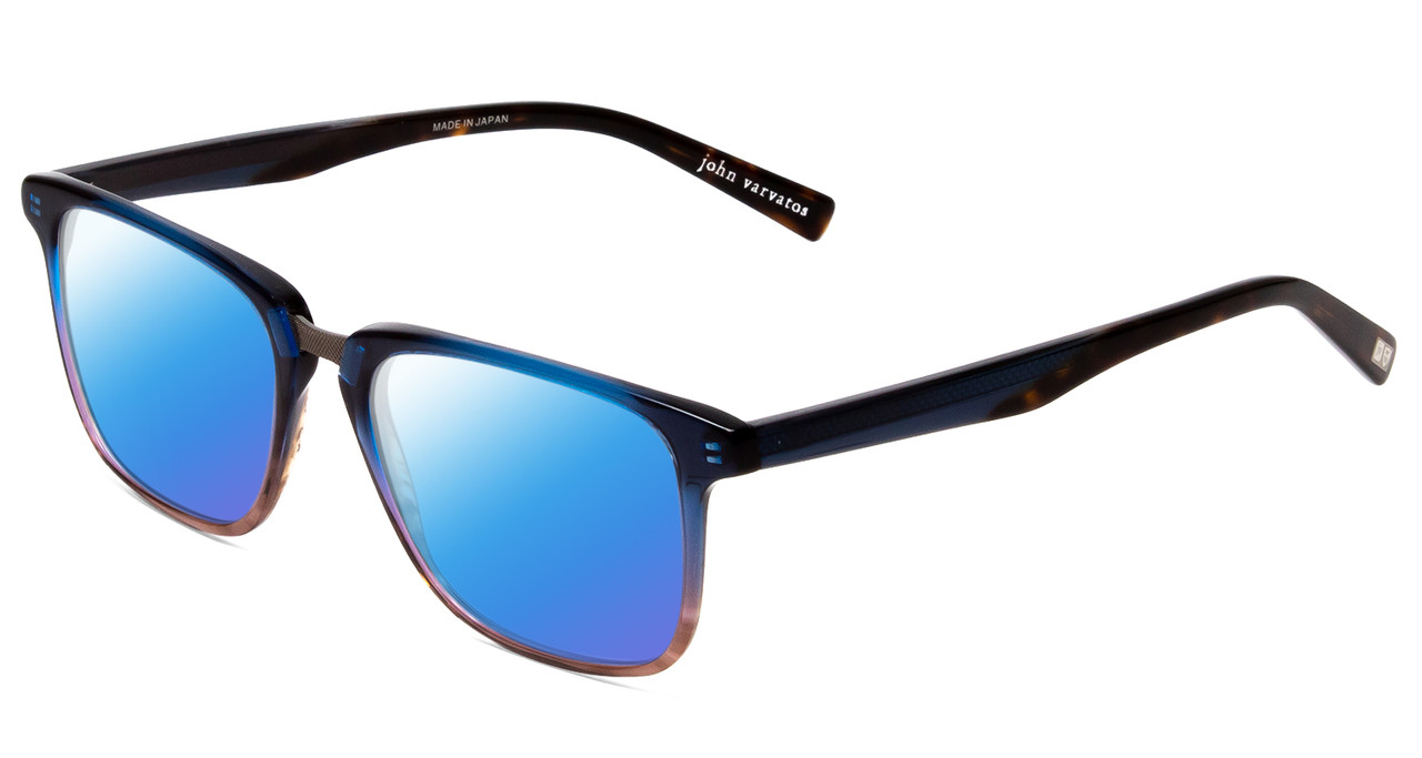 Profile View of John Varvatos V373 Designer Polarized Sunglasses with Custom Cut Blue Mirror Lenses in Navy Blue Brown Gradient Tortoise Unisex Square Full Rim Acetate 54 mm