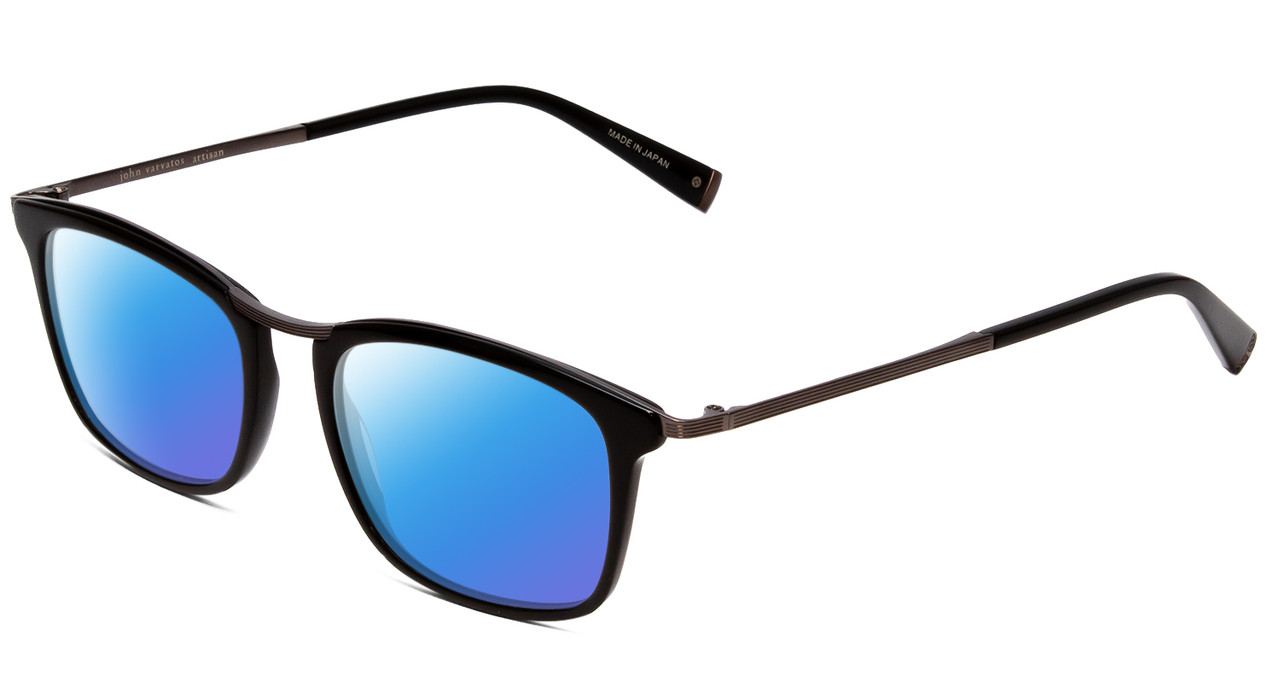 Profile View of John Varvatos V375 Designer Polarized Sunglasses with Custom Cut Blue Mirror Lenses in Matte Black Gun Silver Unisex Classic Full Rim Acetate 53 mm