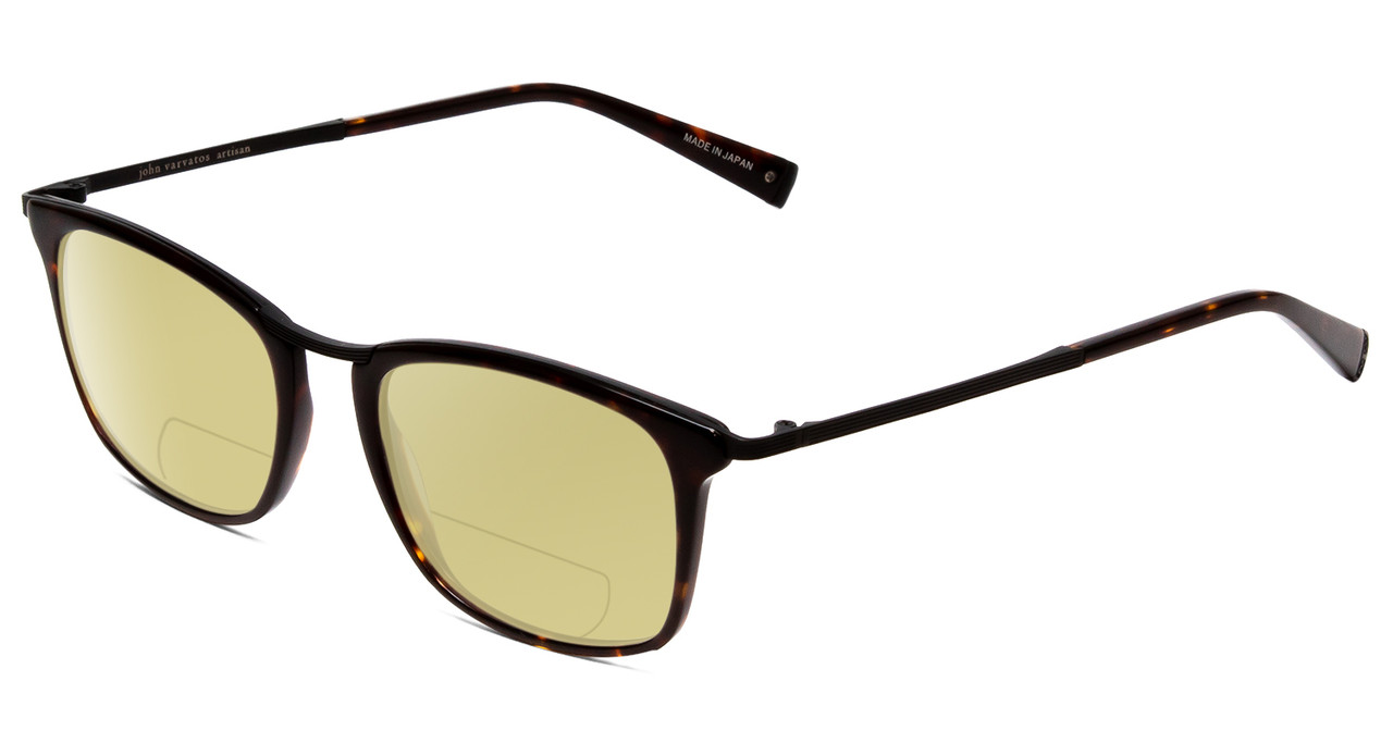 Profile View of John Varvatos V375 Designer Polarized Reading Sunglasses with Custom Cut Powered Sun Flower Yellow Lenses in Tortoise Havana Brown Gold Black Unisex Classic Full Rim Acetate 53 mm